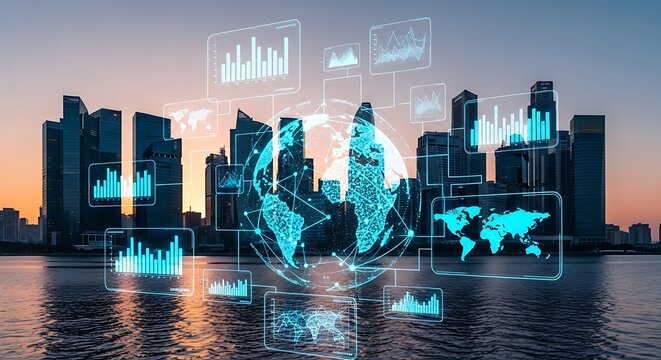 Digital overlay of global data visualizations over a cityscape skyline at dusk, reflecting in the water.