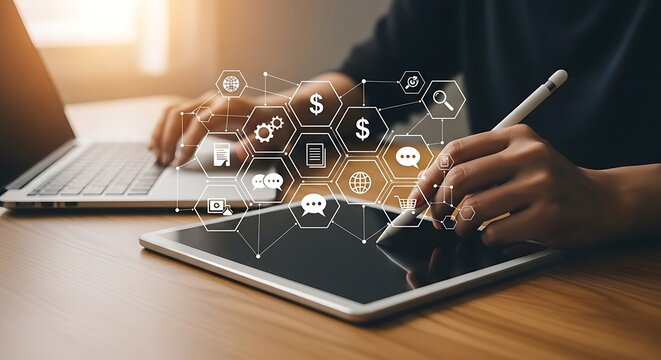 Person using a tablet and laptop, interacting with digital icons, possibly for business or creative work.