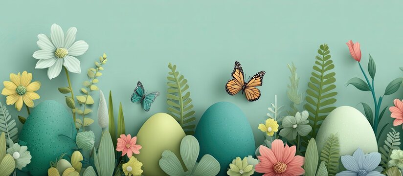 Pastel Easter floral border with eggs and butterflies