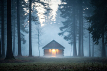 Illuminated cabin in a misty forest evokes a sense of tranquility and serenity in nature