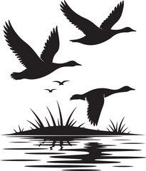 Fototapeta premium Flying geese silhouette vector graphic design near water illustration black color silhouette on white background