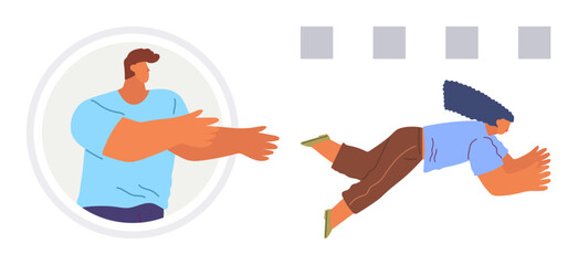 Person extending arms to catch someone falling, symbolizing care, safety, and teamwork. Ideal for support, trust, collaboration, guidance mentorship connection mutual aid. Simple flat metaphor