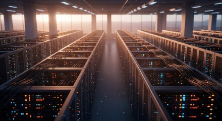 Server farm rows under bright light, lots of blinking lights & wires