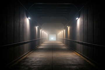 Illuminated pedestrian tunnel perspective creating a sense of mystery and anticipation leading to light