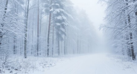 Snow-covered forest road vanishing into the mist, creating a serene winter scene. Concept for seasonal wallpaper, holiday backgrounds and peaceful nature imagery