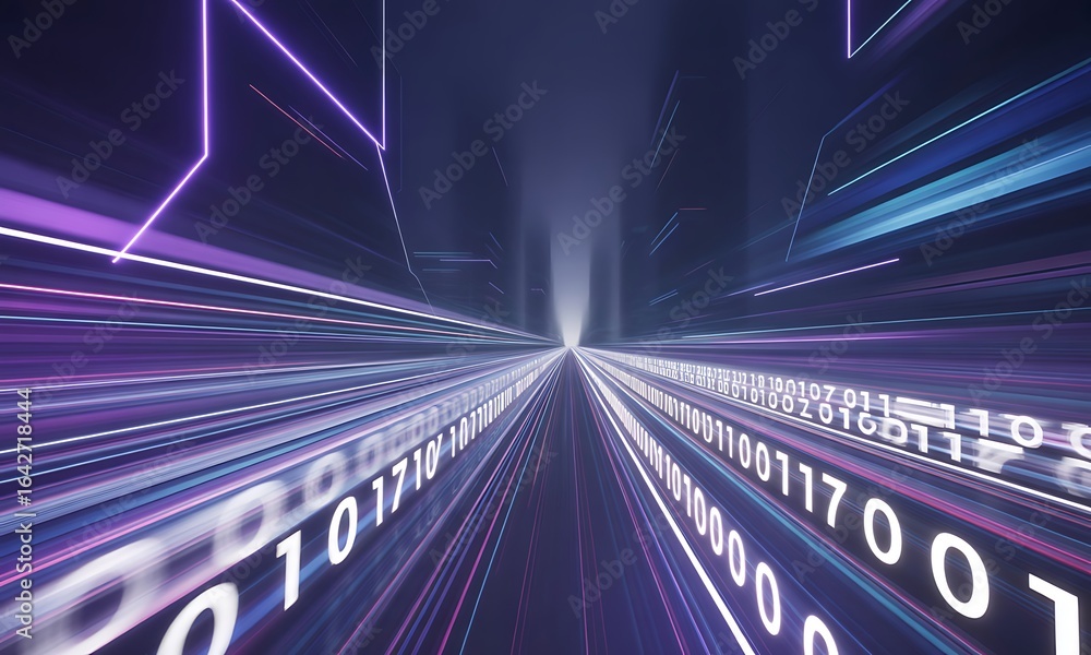 Poster abstract digital tunnel filled with binary code and vibrant streaks of light.