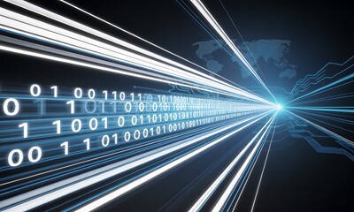 Digital data stream with binary code and world map, conveying global connectivity and speed.