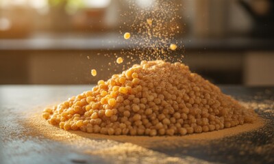 Small yellow grains fall onto a pile on a dark surface, warm sunny light