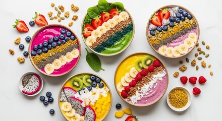 Vibrant smoothie bowls with rows of fresh fruits, seeds, and colorful purees. Concept for healthy eating, dietary nutrition and breakfast menu