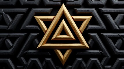 Pattern of layered gold triangles in a fractal-like repetition over black silk, creating depth and dimension