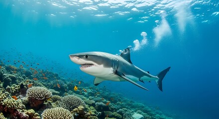 Fototapeta premium Majestic Great White Shark Swimming Gracefully Through Vibrant Coral Reef Surrounded by Colorful Schools of Fish