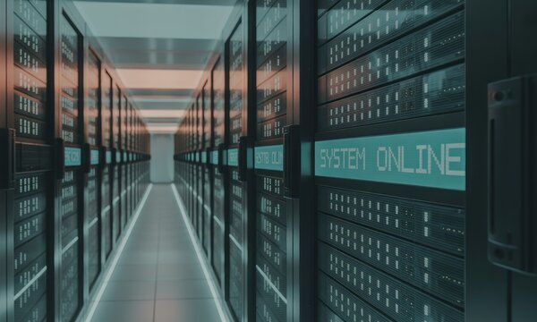 Server room hallway with glowing "SYSTEM ONLINE" text on panels