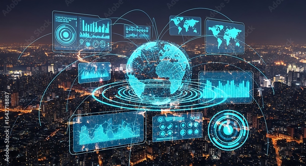 Poster futuristic digital interface overlaying a cityscape, showcasing data visualization and global connec