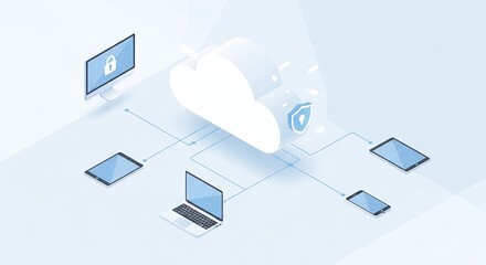 Isometric view of cloud computing network with protected devices and secure data flow, concept for data privacy, cybersecurity solutions and network security