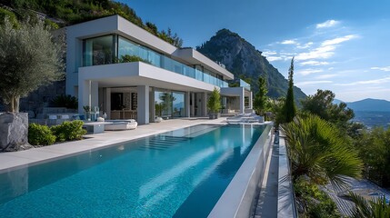 Fototapeta premium A sleek modern glass villa with infinity pool, rooftop garden, and panoramic mountain views, showcasing ultimate luxury living in nature