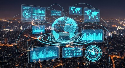 Futuristic digital interface overlaying a cityscape, showcasing data visualization and global connections.