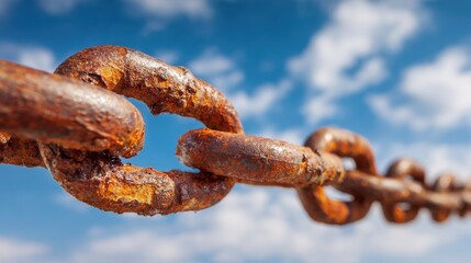 Fototapeta premium A close-up view of an old, rusty chain link suspended against a bright blue sky dotted with white clouds. The image highlights the industrial allure and weathered texture of the metal.