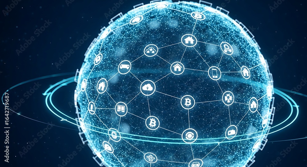 Poster a digital globe representing global interconnectedness, showcasing data flow and network connections