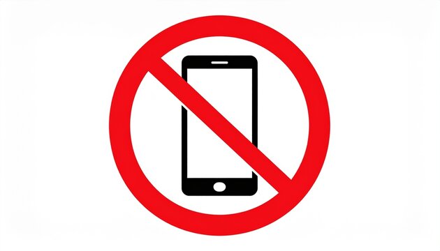 An isolated sign prohibiting mobile phones with a black phone and red prohibition symbol.