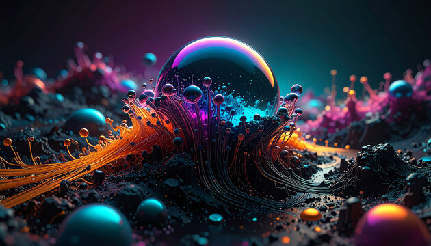 Orb Nestled in a Bioluminescent Alien Landscape