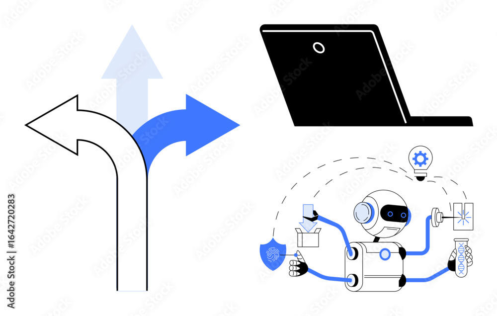 Poster robot managing tasks with tools, light bulb, and icons laptop above, arrows below. ideal for automat