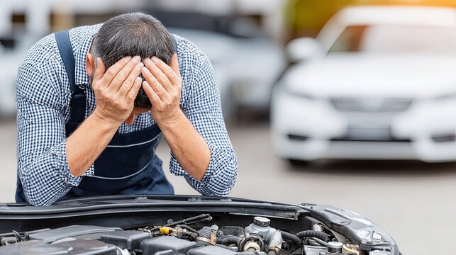 Car breakdown roadside, car breakdown repair, car breakdown stress mechanic holding head insurance ad