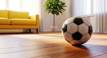 Soccer ball rests on wooden floor in bright room with sofa and potted plant