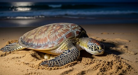 Obraz premium Majestic sea turtle laying eggs on sandy beach under moonlight, creating a serene and captivating nighttime scene by the ocean