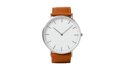 A classic minimalist wristwatch with a white dial, silver case, and a brown leather strap