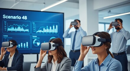 Illustration of diverse team collaborates in a modern office using vr headsets for immersive data analysis