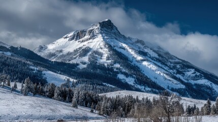 Majestic mountain peak dominates the winter landscape, covered in snow and surrounded by evergreen trees. A clear blue sky enhances the serene atmosphere in this remote area.