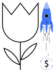Abstract tulip flower with a blue rocket launching beside a circle with a dollar sign. Ideal for growth, innovation, business impact, startup, finance, investment, creative economy, simple flat