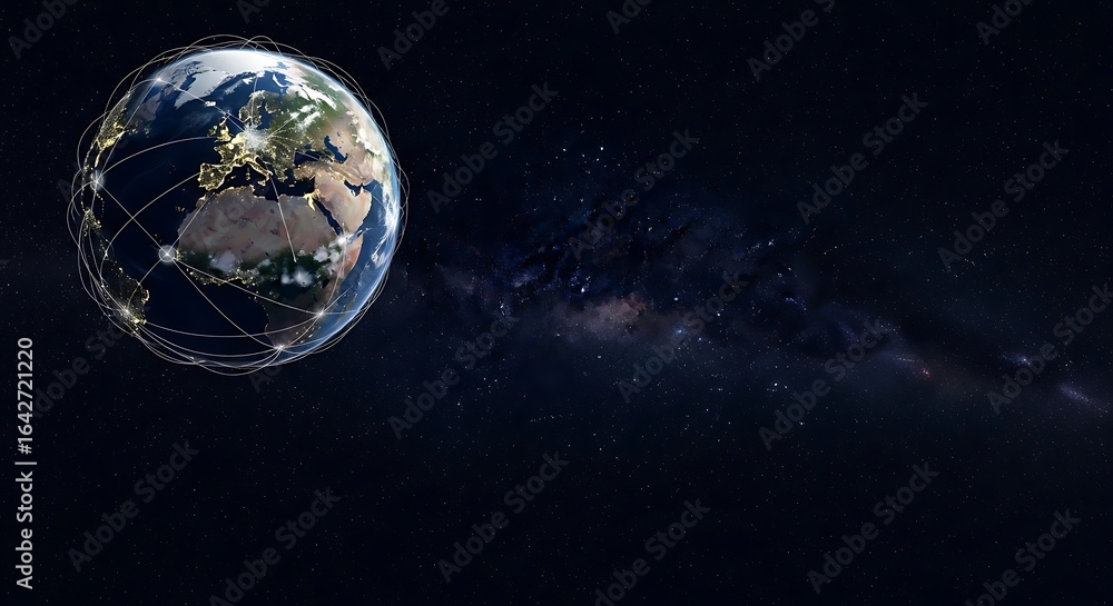 Aufkleber earth globe with interconnected network lines against a dark space background with a view of the mil