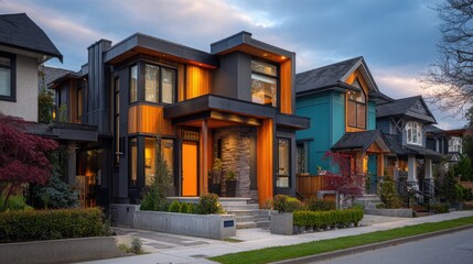 Fototapeta premium Modern homes on a residential street at twilight