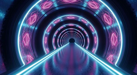 Futuristic sci-fi tunnel with glowing blue and pink neon rings creating a hypnotic, endless perspective.