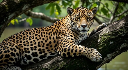 Majestic jaguar lounging gracefully on a tree branch amidst lush greenery, showcasing its stunning spotted coat and fierce gaze.