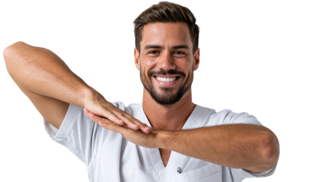 A cheerful healthcare professional wearing a white uniform, smiling confidently. This image captures the essence of care, wellness, and professional approach in the medical field.