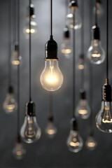 Illuminated Light Bulbs on Gray Background, Idea Concept