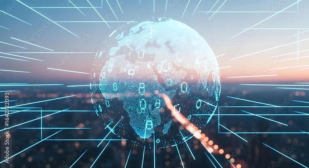 Aufkleber global digital network connection, data streams flow around a translucent earth, showcasing worldwid