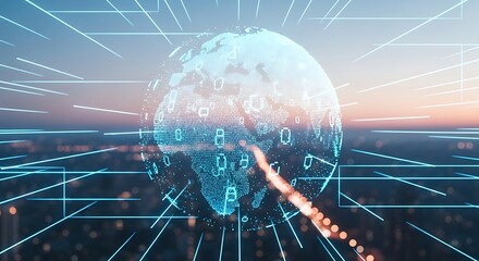 Global digital network connection, data streams flow around a translucent Earth, showcasing worldwide connectivity at sunset.