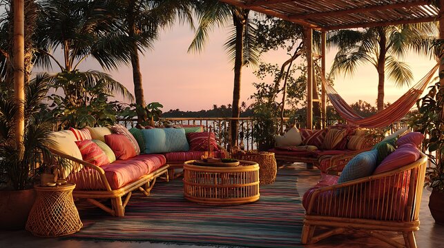 A tropical-style outdoor lounge with bamboo furniture, colorful cushions, palm trees, and a hammock under warm sunset light - Powered by Adobe