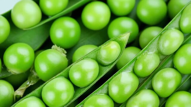 Freshly harvested green peas nestled in their pods create a vibrant and textured background
