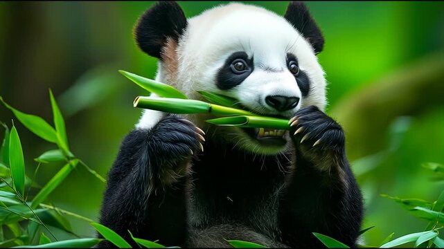 giant panda eating bamboo with green screen background