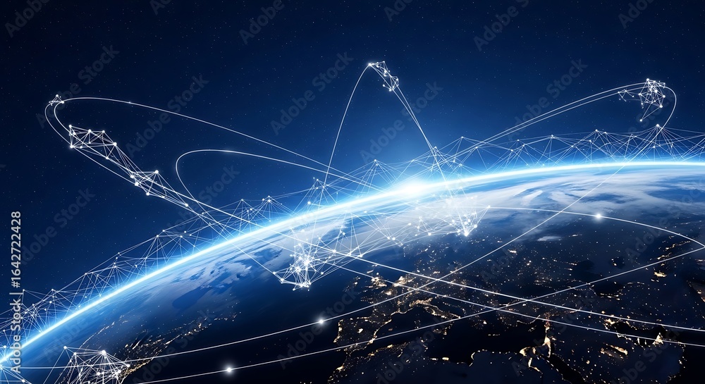 Poster a visual representation of global data connections, highlighting the earth's surface and network act