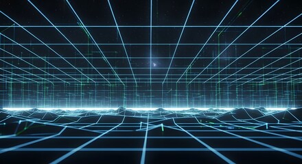 A vast, glowing blue digital grid stretches over an undulating terrain, creating a futuristic cyberspace landscape.