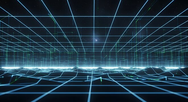 A vast, glowing blue digital grid stretches over an undulating terrain, creating a futuristic cyberspace landscape. - Powered by Adobe