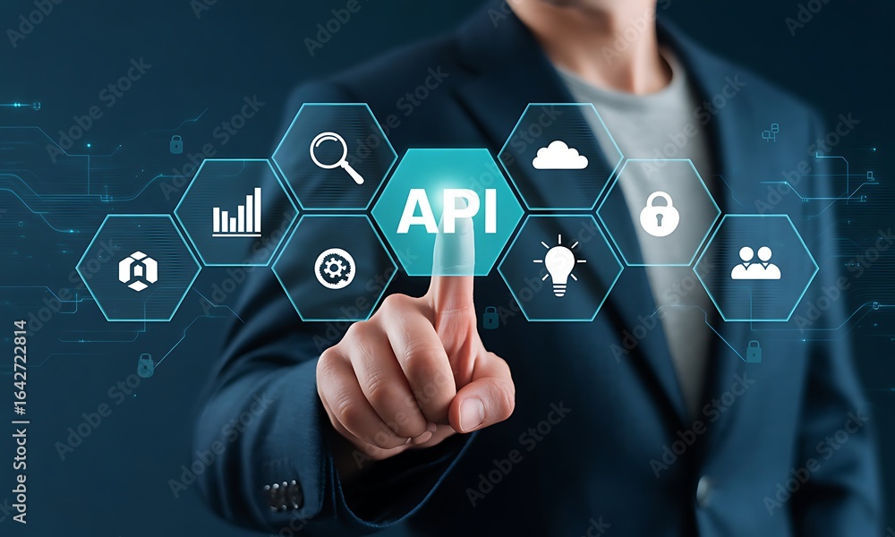 Aufkleber a businessman in a suit interacting with a digital interface, pointing at 