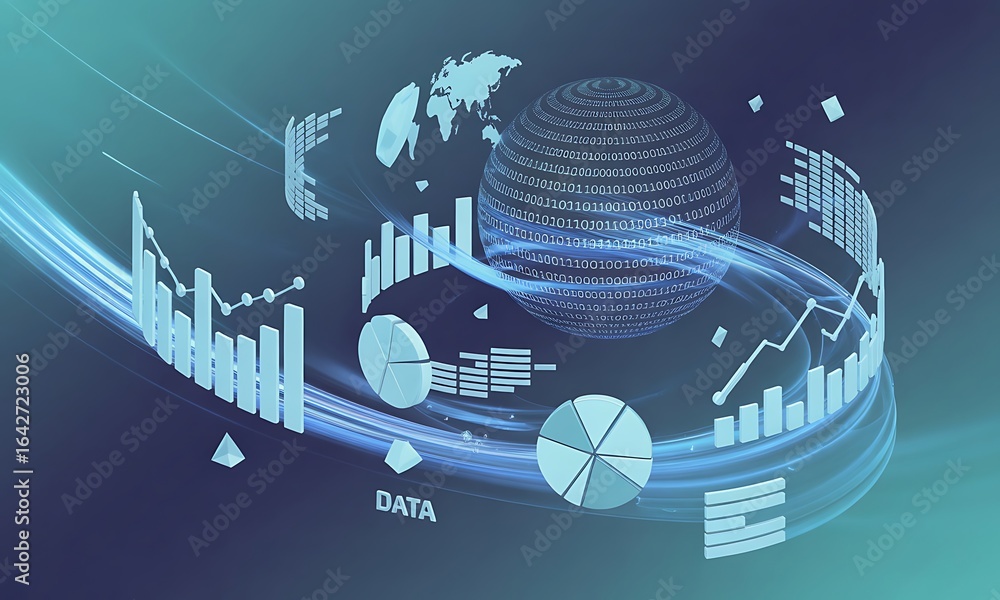 Poster abstract digital illustration featuring data visualizations including charts, graphs, a globe, and f