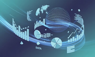 Abstract digital illustration featuring data visualizations including charts, graphs, a globe, and flowing light trails against a gradient background.