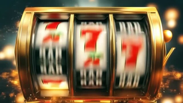 Casino slot machine showing jackpot 777 with falling chips and fire sparks, gambling concept